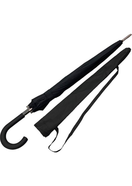 Dayanıklı ve Şık: 16 Telli Siyah Fiber Şemsiye – Yumuşak Sap & Kılıf Dahil!