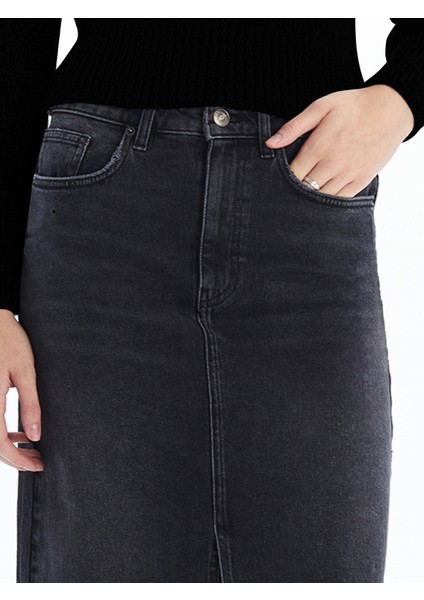 Cannes - Yırtmaçlı Yüksek Bel Midi Boy Denim Etek - Antrasit Renk modelleri