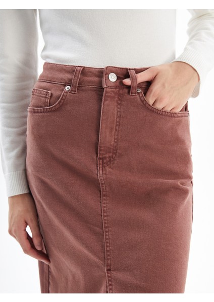 Cannes - Yırtmaçlı Yüksek Bel Midi Boy Denim Etek - Bordo Renk modelleri
