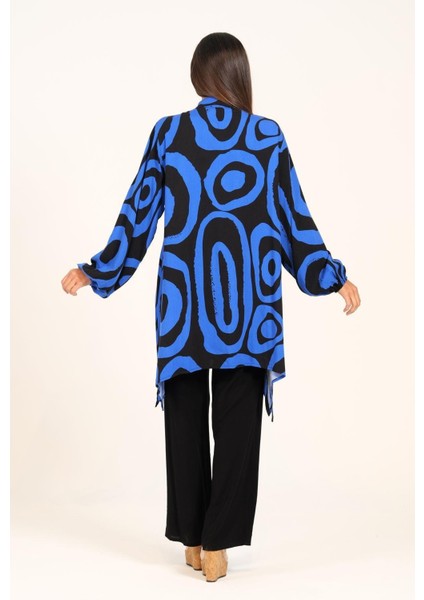 Saks Mavi Siyah Desenli Balon Kol Püskül Bağcıklı Cepli Tunik Pantolon Ikili Takım fırsatları