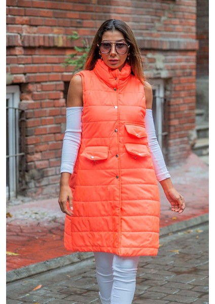 Turuncu Nar Dik Yaka Cep Detaylı Uzun Şişme Yelek