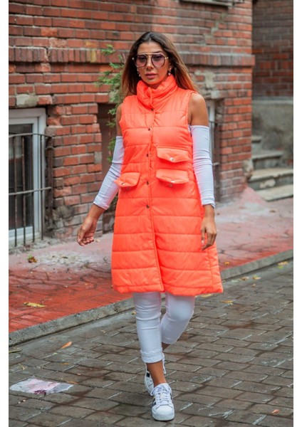 Turuncu Nar Dik Yaka Cep Detaylı Uzun Şişme Yelek modelleri