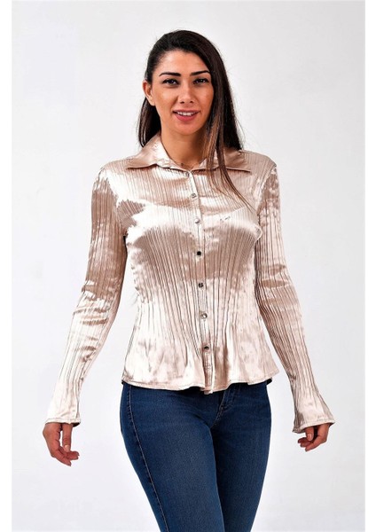 Açık Kahve Saten Piliseli Uzun Kollu Gömlek