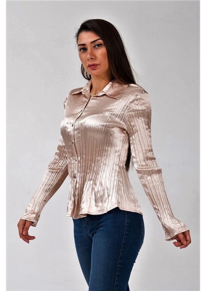 Açık Kahve Saten Piliseli Uzun Kollu Gömlek fiyatları