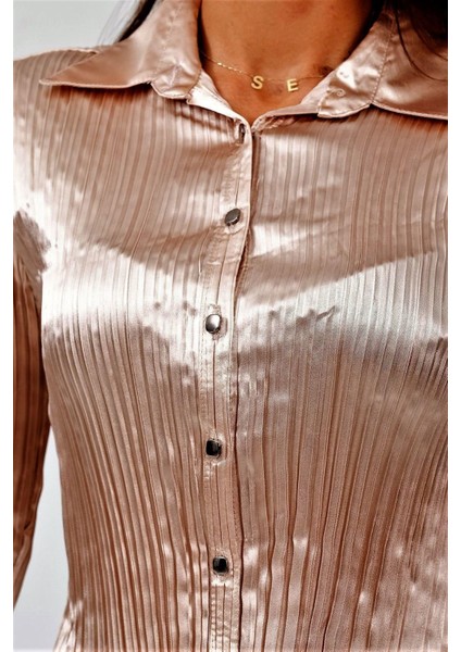 Açık Kahve Saten Piliseli Uzun Kollu Gömlek modelleri