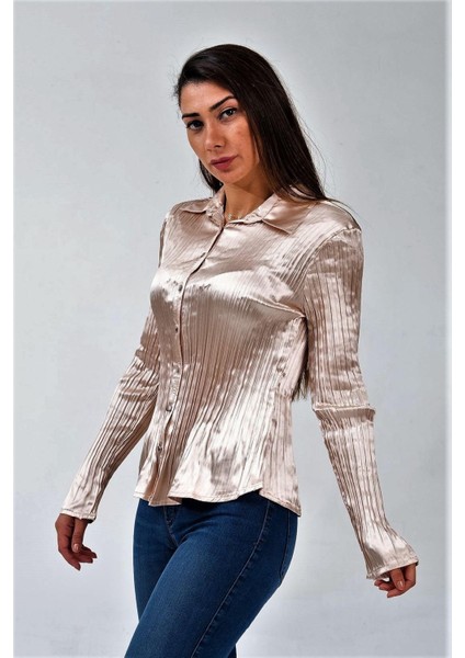 Açık Kahve Saten Piliseli Uzun Kollu Gömlek indirimleri