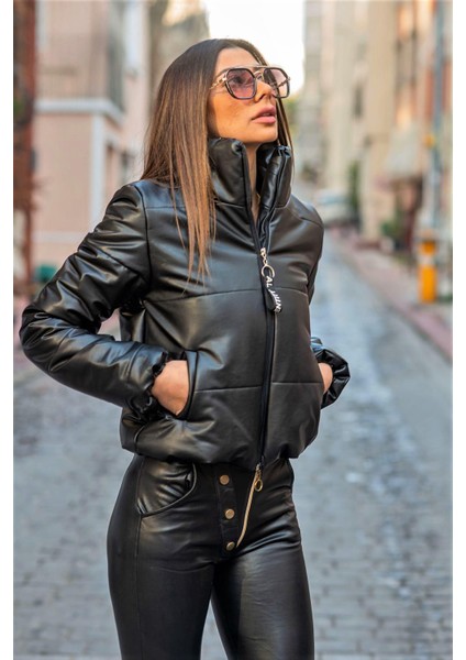Siyah Dik Yaka Kısa Deri Şişme Mont fiyatları