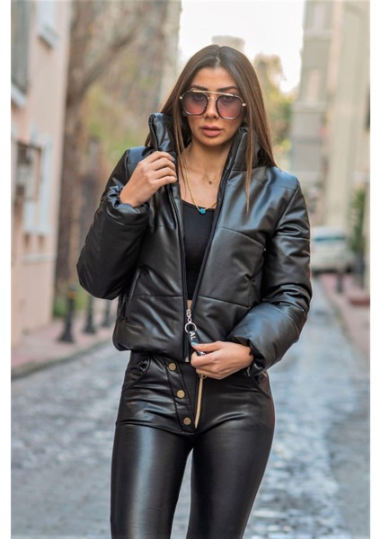 Siyah Dik Yaka Kısa Deri Şişme Mont fırsatları