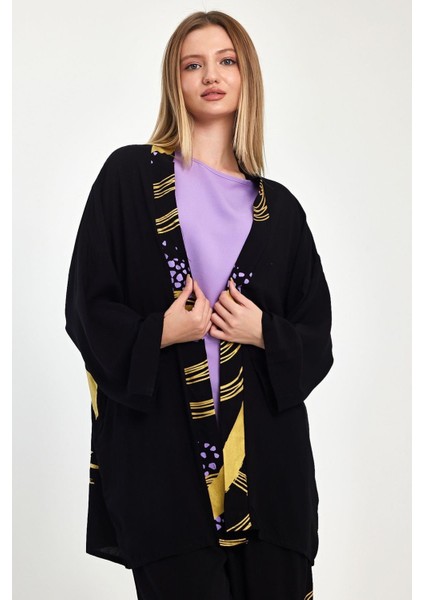 Gold Siyah Sırtı ve Pantolonu Desenli Tunik Bluz Pantolon Üçlü Takım fırsatları