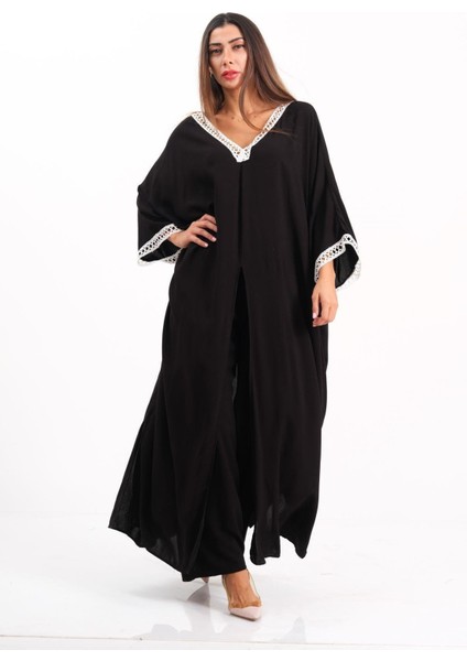 Siyah V Yaka Dantel Detaylı Önden Yırtmaçlı Cepli Tunik Pantolon Ikili Takım fiyatları