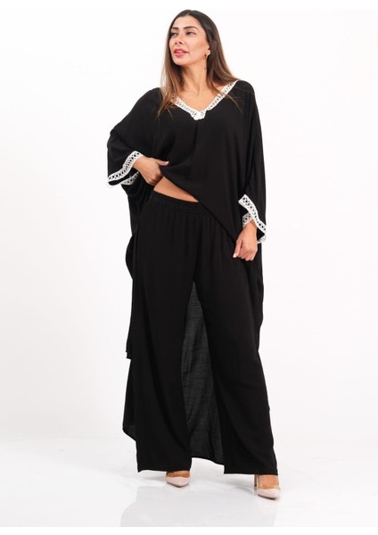 Siyah V Yaka Dantel Detaylı Önden Yırtmaçlı Cepli Tunik Pantolon Ikili Takım modelleri