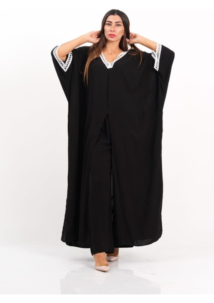 Siyah V Yaka Dantel Detaylı Önden Yırtmaçlı Cepli Tunik Pantolon Ikili Takım fırsatları