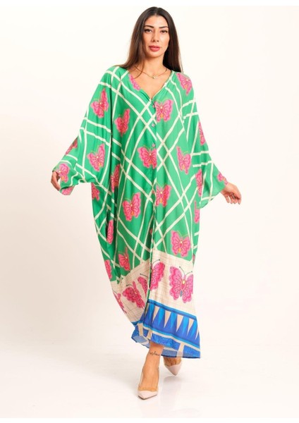 Yeşil Kelebek Desenli V Yaka Yarasa Kol Cepli Oversize Uzun Gömlek Elbise
