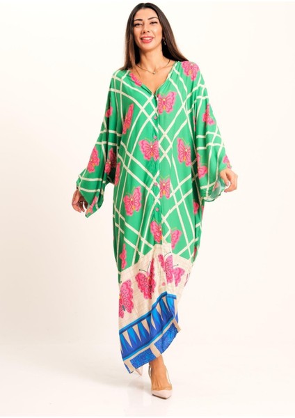 Yeşil Kelebek Desenli V Yaka Yarasa Kol Cepli Oversize Uzun Gömlek Elbise fiyatları