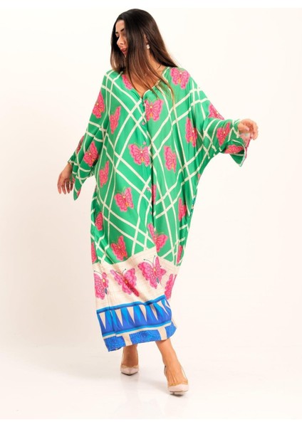 Yeşil Kelebek Desenli V Yaka Yarasa Kol Cepli Oversize Uzun Gömlek Elbise modelleri