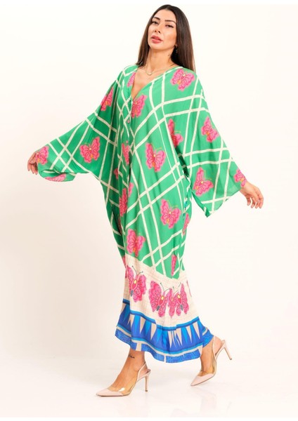 Yeşil Kelebek Desenli V Yaka Yarasa Kol Cepli Oversize Uzun Gömlek Elbise fırsatları