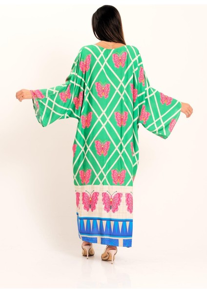 Yeşil Kelebek Desenli V Yaka Yarasa Kol Cepli Oversize Uzun Gömlek Elbise indirimleri