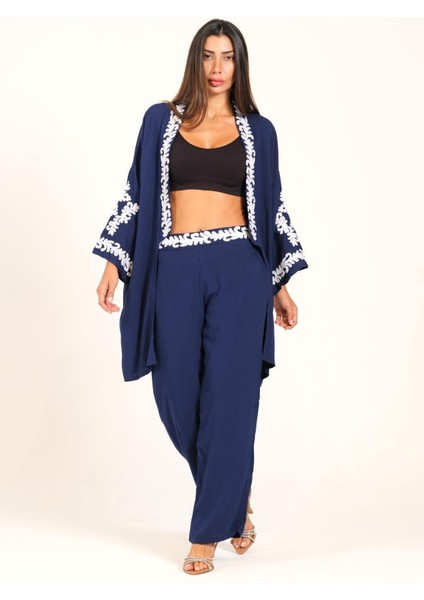 Lacivert Aplike Nakışlı Cepli Tunik Pantolon Ikili Takım