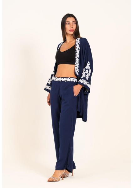 Lacivert Aplike Nakışlı Cepli Tunik Pantolon Ikili Takım modelleri