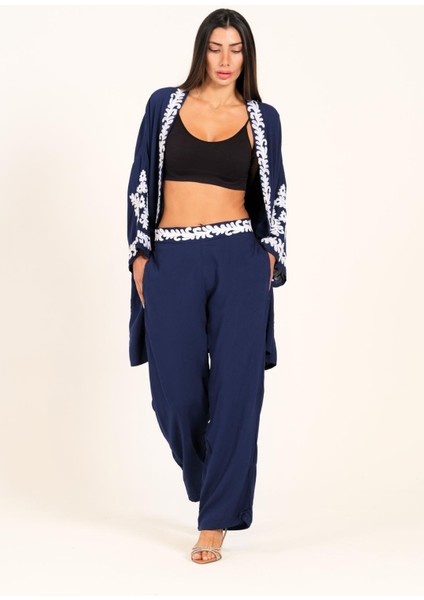 Lacivert Aplike Nakışlı Cepli Tunik Pantolon Ikili Takım indirimleri