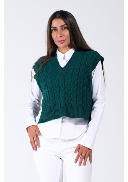 Haki V Yaka Crop Saç Örgü Triko Süveter
