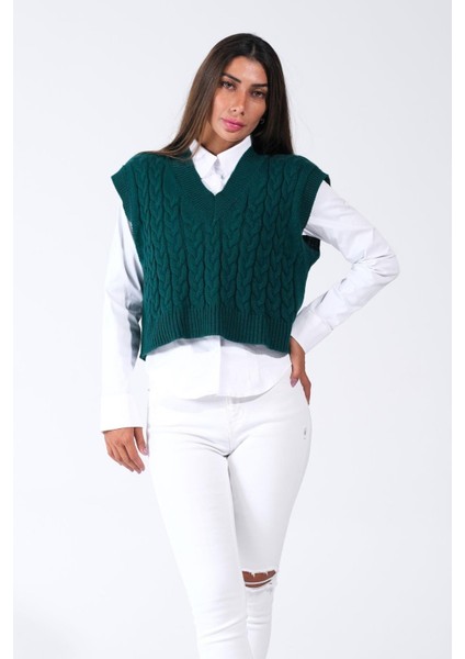 Haki V Yaka Crop Saç Örgü Triko Süveter