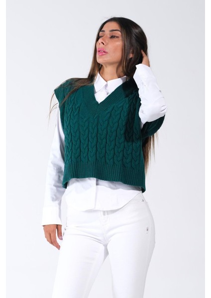 Haki V Yaka Crop Saç Örgü Triko Süveter