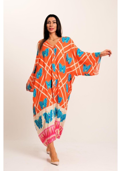 Turuncu Kelebek Desenli V Yaka Yarasa Kol Cepli Oversize Uzun Gömlek Elbise