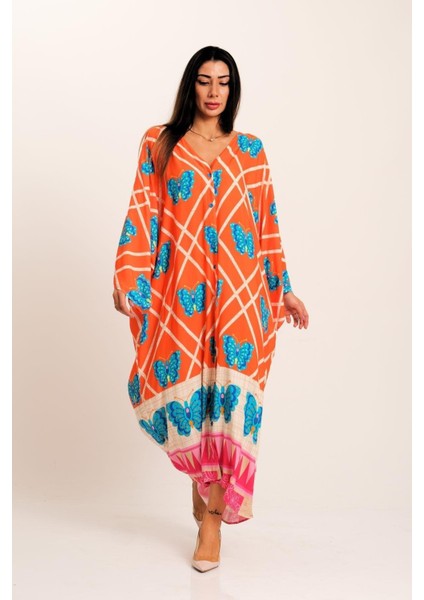 Turuncu Kelebek Desenli V Yaka Yarasa Kol Cepli Oversize Uzun Gömlek Elbise fiyatları