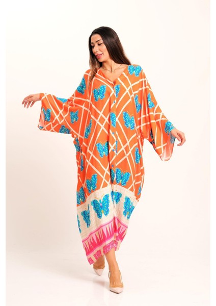 Turuncu Kelebek Desenli V Yaka Yarasa Kol Cepli Oversize Uzun Gömlek Elbise modelleri