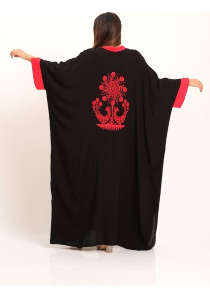 Siyah Sırtı Otantik Nakışlı Yarasa Kol Oversize Uzun Elbise