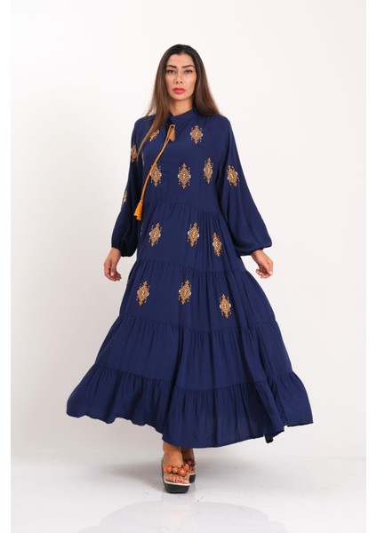 Lacivert Önü ve Kolları Otantik Nakışlı Eteği Kat Kat Uzun Elbise