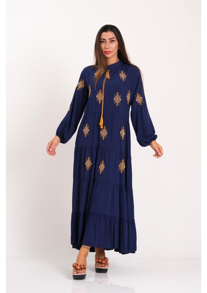 Lacivert Önü ve Kolları Otantik Nakışlı Eteği Kat Kat Uzun Elbise fiyatları