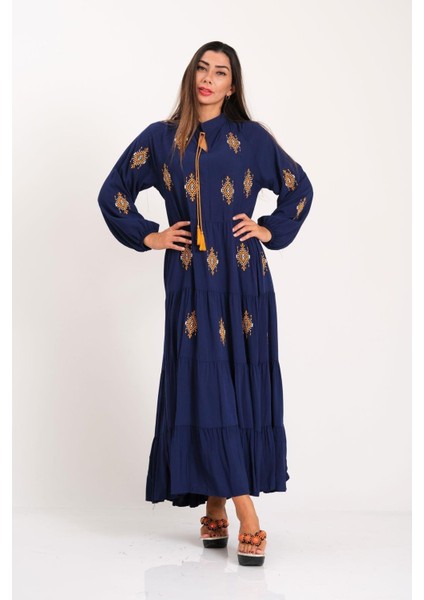 Lacivert Önü ve Kolları Otantik Nakışlı Eteği Kat Kat Uzun Elbise modelleri