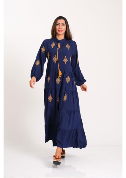 Lacivert Önü ve Kolları Otantik Nakışlı Eteği Kat Kat Uzun Elbise fırsatları