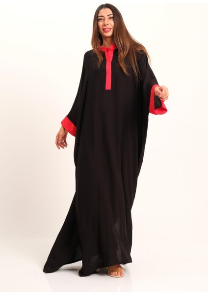 Siyah Sırtı Otantik Nakışlı Yarasa Kol Oversize Uzun Elbise fırsatları