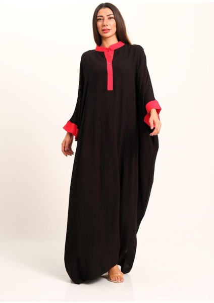 Siyah Sırtı Otantik Nakışlı Yarasa Kol Oversize Uzun Elbise indirimleri