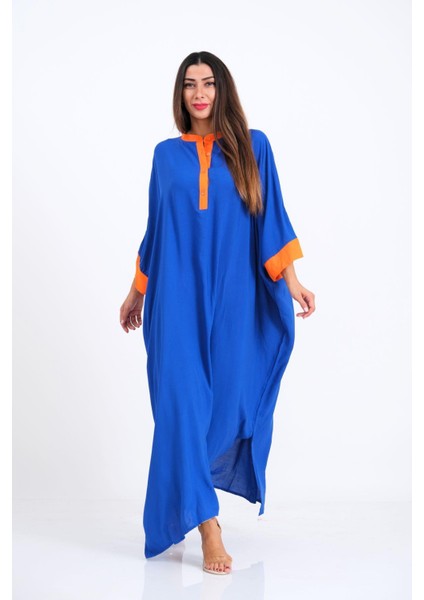 Saks Mavi Sırtı Palmiye Nakışlı Yarasa Kol Oversize Uzun Elbise fiyatları