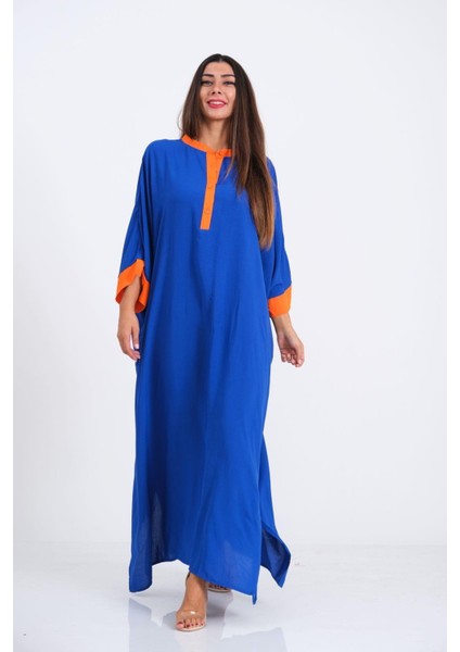 Saks Mavi Sırtı Palmiye Nakışlı Yarasa Kol Oversize Uzun Elbise fırsatları