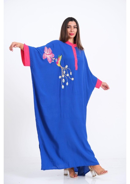 Saks Mavi Kuş Çiçek Nakışlı Yarasa Kol Oversize Uzun Elbise