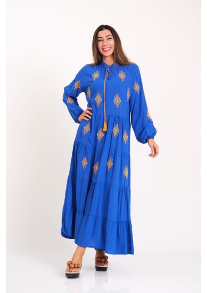 Saks Mavi Önü ve Kolları Otantik Nakışlı Eteği Kat Kat Uzun Elbise