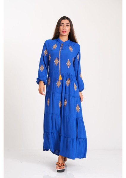 Saks Mavi Önü ve Kolları Otantik Nakışlı Eteği Kat Kat Uzun Elbise modelleri