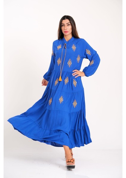 Saks Mavi Önü ve Kolları Otantik Nakışlı Eteği Kat Kat Uzun Elbise fırsatları