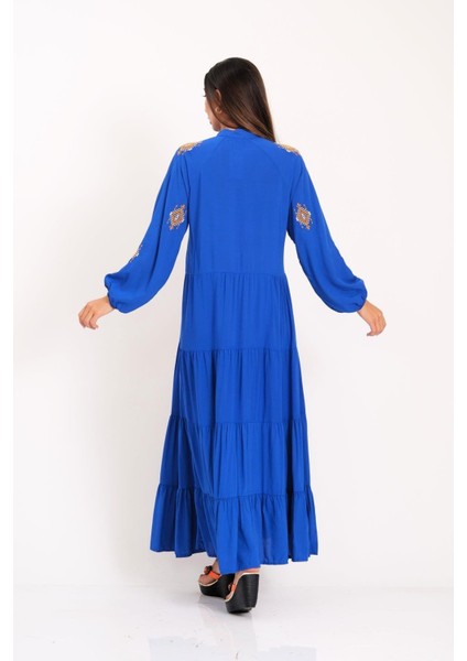 Saks Mavi Önü ve Kolları Otantik Nakışlı Eteği Kat Kat Uzun Elbise indirimleri