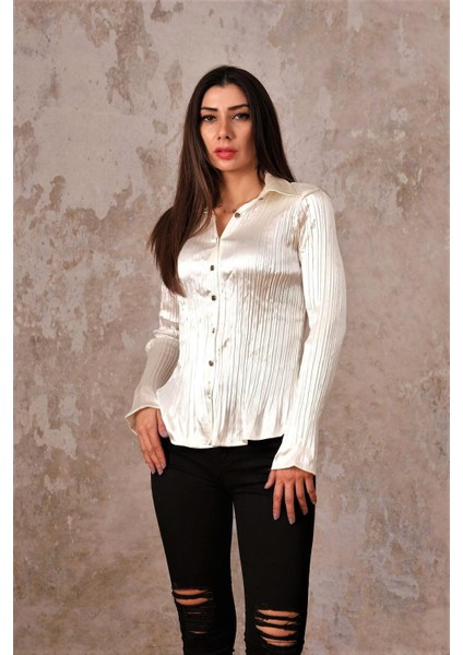 Ekru Saten Piliseli Uzun Kollu Gömlek fiyatları