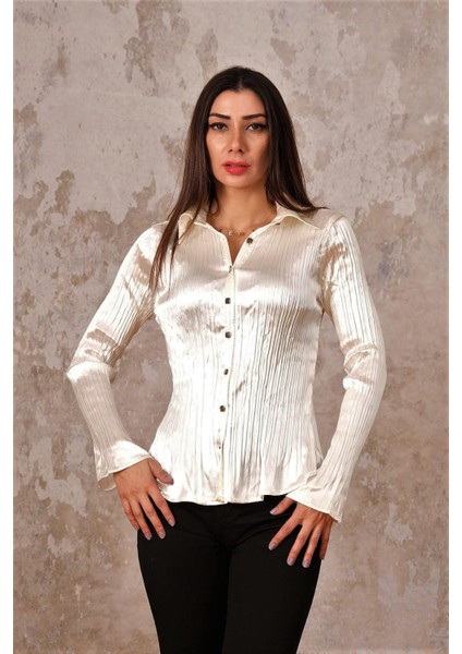 Ekru Saten Piliseli Uzun Kollu Gömlek modelleri