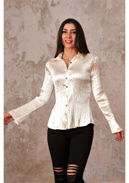 Ekru Saten Piliseli Uzun Kollu Gömlek fırsatları