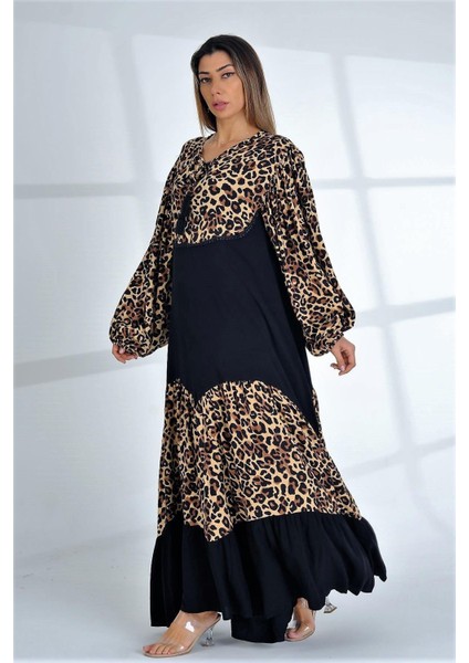 Siyah Balon Kol Leopar Desen Garnili Oversize Uzun Elbise modelleri