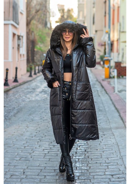 Siyah Kapüşonu Kürklü kolları Kürklü Büyük Beden Uzun Şişme Kaban