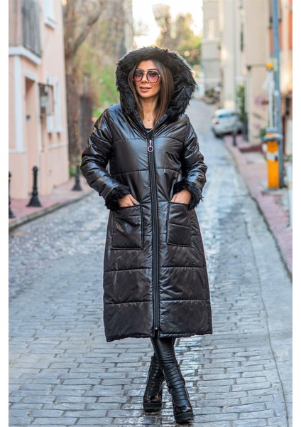 Siyah Kapüşonu Kürklü kolları Kürklü Büyük Beden Uzun Şişme Kaban fiyatları